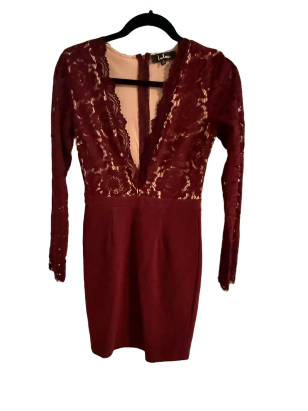 Lulu’s Burgundy Lace Long Sleeve Bodycon Dress – Size S